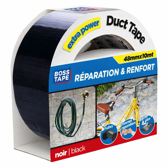 Duct tape noir Boss Tape 48mm x 10m – ruban toile américaine étanche pour réparation discrète et bricolage

