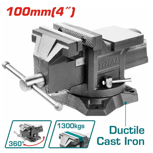 Étau d'établi TOTAL fonte ductile – force 1300kg, 100mm, mécanique menuiserie soudure atelier
