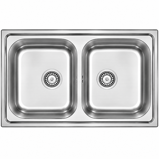 Évier de cuisine inox avec deux cuves carrées, conçu pour disposer de deux espaces distincts de lavage et rinçage.