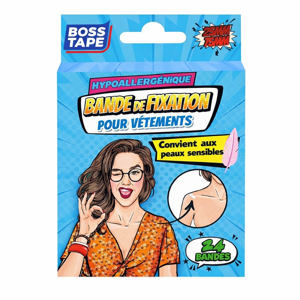 Fixation vêtements corps Boss Tape 75mm x 25mm lot de 24 – body tape discret et invisible, robes, décolletés et événements
