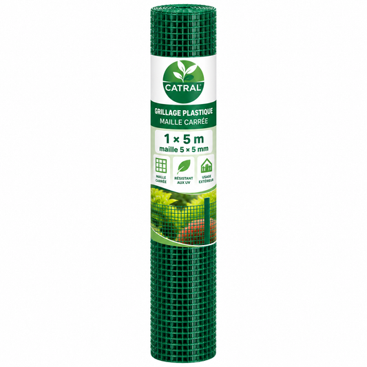 Grillage plastique carré CATRAL vert en rouleau 1 × 5 m, maille 5 × 5 mm pour délimiter et aménager votre jardin. Disponible sur SQES.tn.