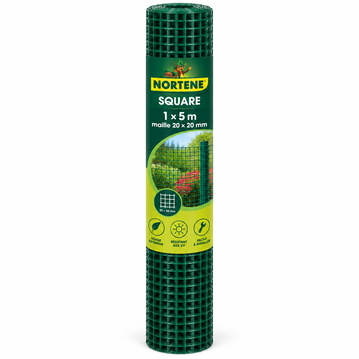 Grillage plastique NORTENE SQUARE en PEHD, rouleau 1 × 5 m, maille 20 × 20 mm, vert. Pour aménagements du jardin. SQES.tn.