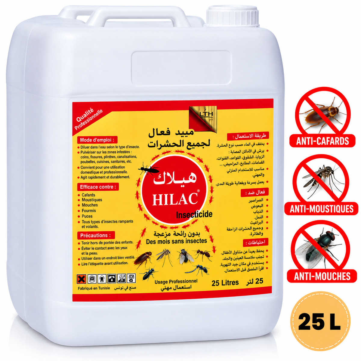 Bidon blanc d’insecticide concentré HILAC LTH de 25 L avec poignée et pictogrammes de cafard, moustique et mouche