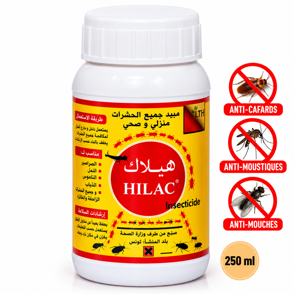 Flacon blanc d’insecticide concentré HILAC LTH de 250 ml, avec pictogrammes de cafard, moustique et mouche