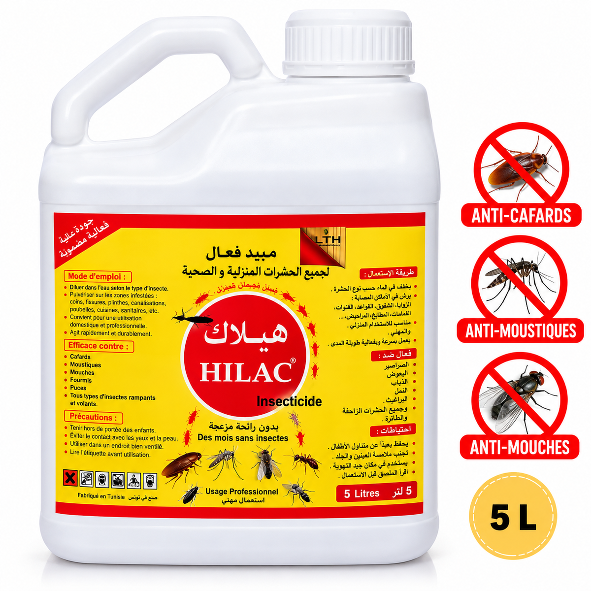 Bidon blanc d’insecticide concentré HILAC LTH de 5 L avec poignée et pictogrammes de cafard, moustique et mouche