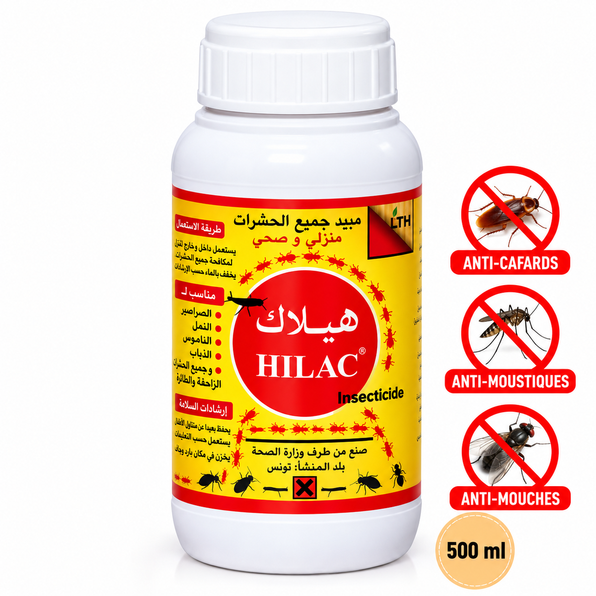 Flacon blanc d’insecticide concentré HILAC LTH de 500 ml, avec pictogrammes de cafard, moustique et mouche