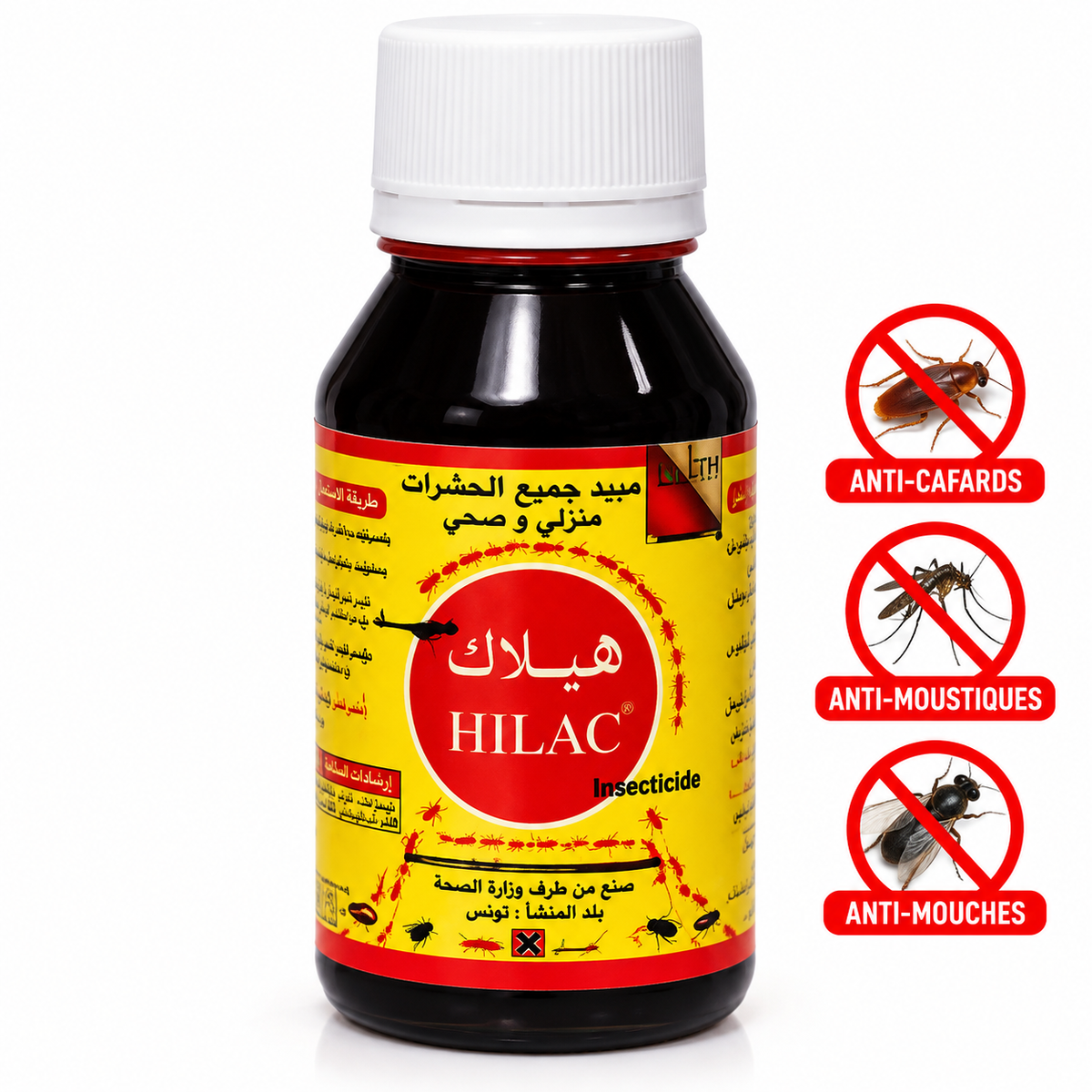 Flacon d’insecticide concentré HILAC LTH de 60 ml à bouchon blanc, avec pictogrammes de cafard, moustique et mouche