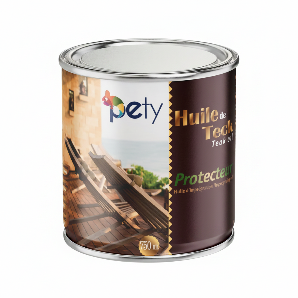 Huile de teck PETY 750ml – nourrit en profondeur, protège UV et intempéries, anti-grisaillement, incolore ou teinte teck, idéal terrasse et meubles jardin
