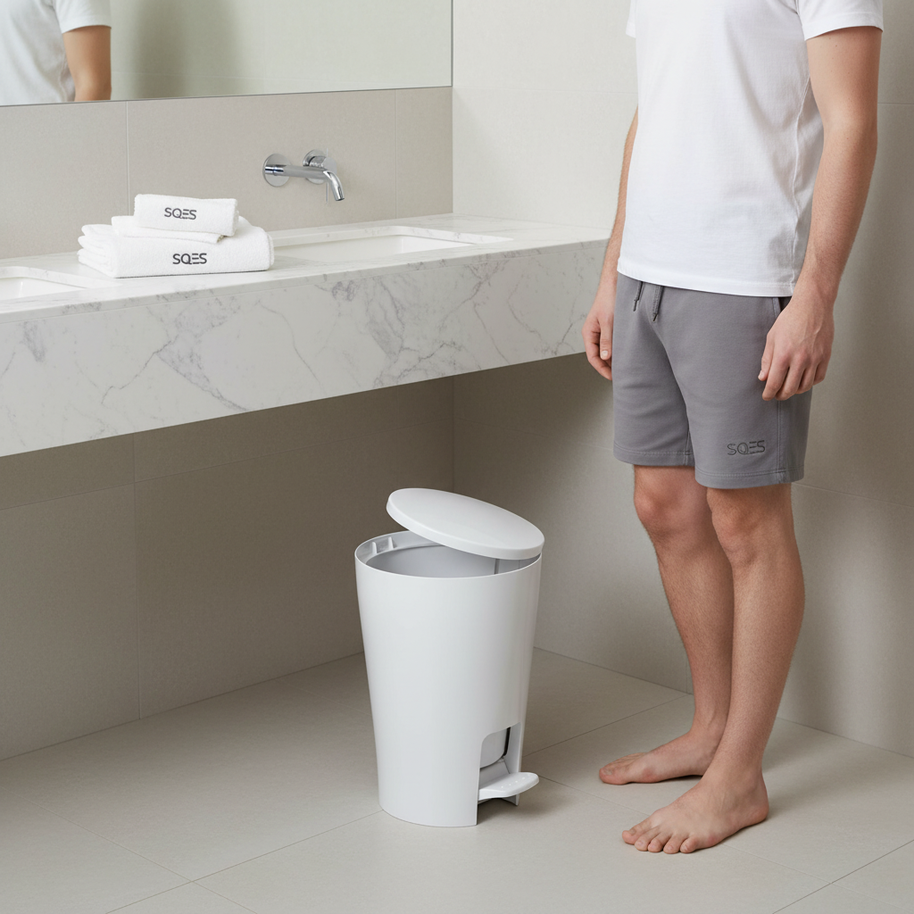 Poubelle Diabolo blanche avec pédale dans salle de bain moderne SQES