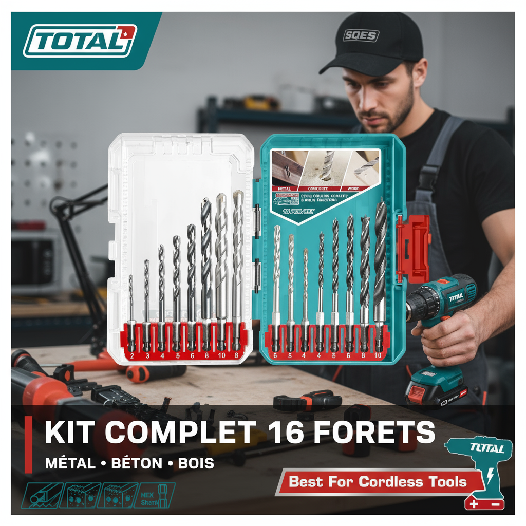 Pack Perçage TOTAL – Perceuse Brushless TIDLI209681 20V 96Nm + 16 Forets TACSDL11608