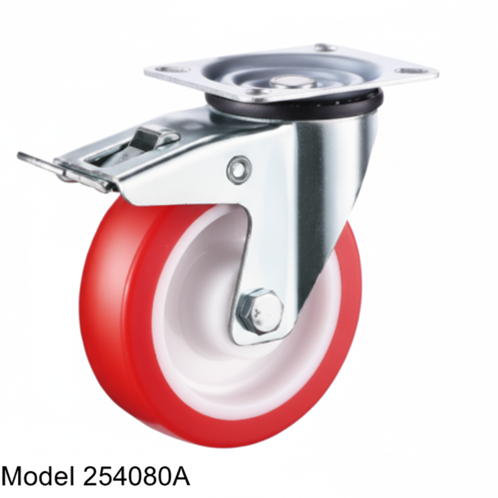 Roue acier inoxydable pivotante avec frein 80mm rouge 254080A - photo professionnelle