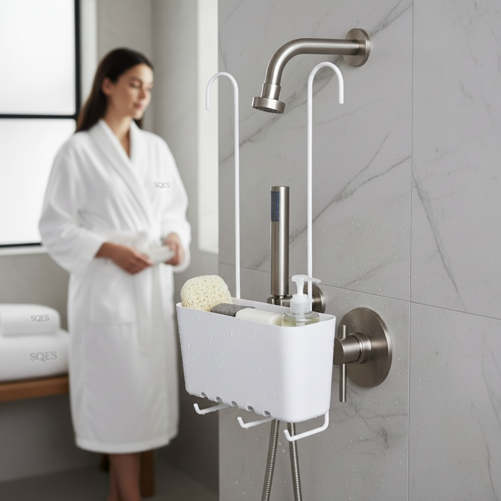 Panier douche Tatay suspendu au robinet dans salle de bain moderne SQES