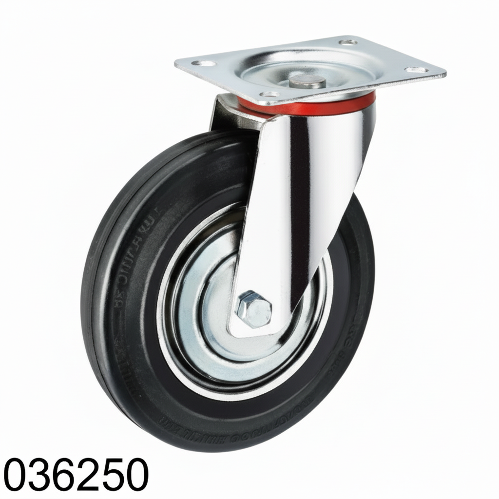 Roue caoutchouc industriel pivotante avec plaque 250mm noir 036250 - photo professionnelle