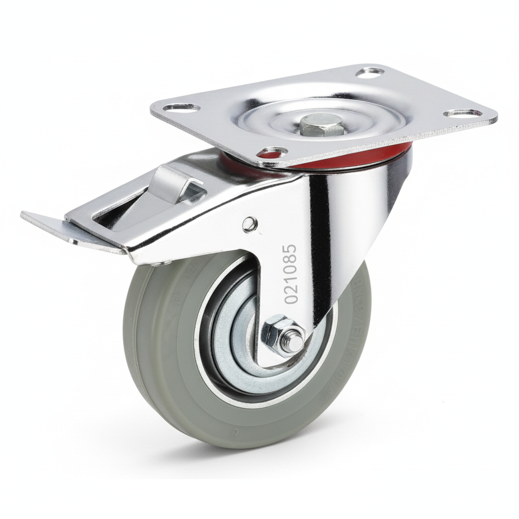 Roue caoutchouc industriel pivotante avec plaque et frein 85mm gris 021085 - photo professionnelle