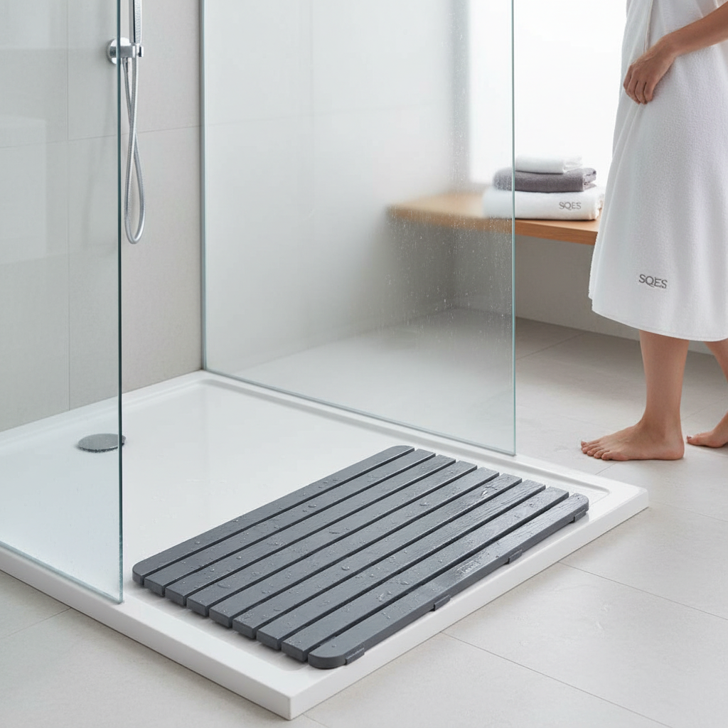 Tapis douche Tatay 80x50 gris anthracite effet bois dans salle de bain moderne SQES