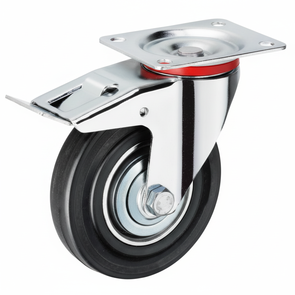 Roue caoutchouc industriel pivotante avec plaque et frein 85mm noir 038085 - photo professionnelle