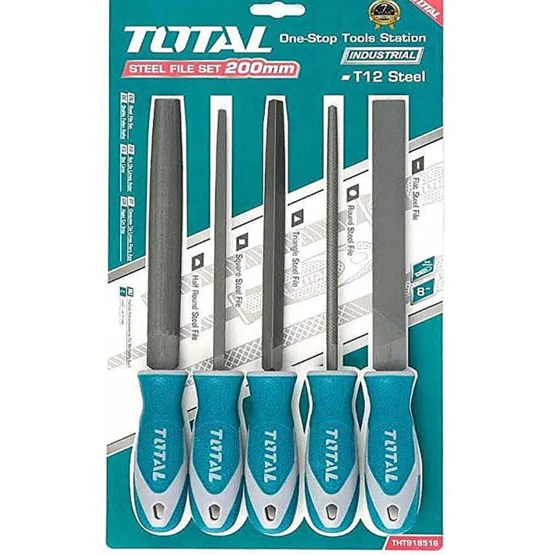 Jeu 5 limes TOTAL THT918516 acier T12 200mm – lime ronde, carrée, triangulaire, plate et demi-ronde, bois métal finition
