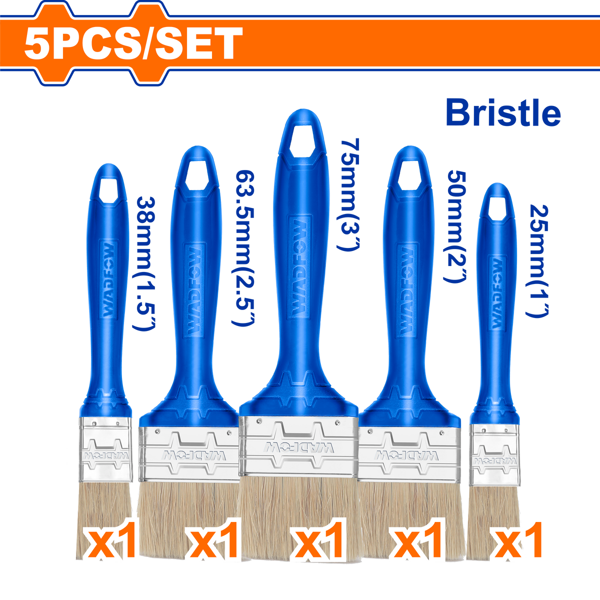 Ensemble de 5 pinceauLot de cinq pinceaux plats WADFOW WPB1952 à manches plastique, largeurs de 1 à 3 pouces, environ 25 à 76 mm, pour peintures à base d’huile compatibles | SQES Tunisie
x - - SQES