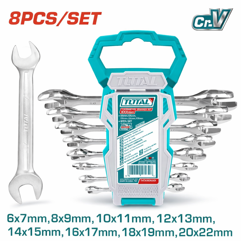Jeu de 8 clés à fourches TOTAL THT102386 acier Chrome-Vanadium – tailles 6x7 à 20x22mm, résistance et durabilité optimales
