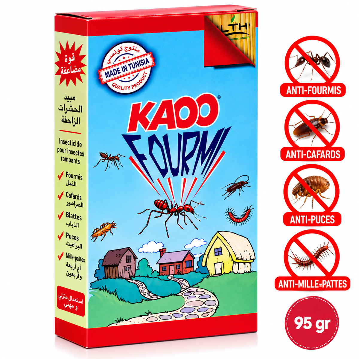Boîte bleue et rouge de KAO FOURMI LTH, insecticide en poudre de 95 g, avec illustrations de fourmi, cafard, puce et mille-pattes