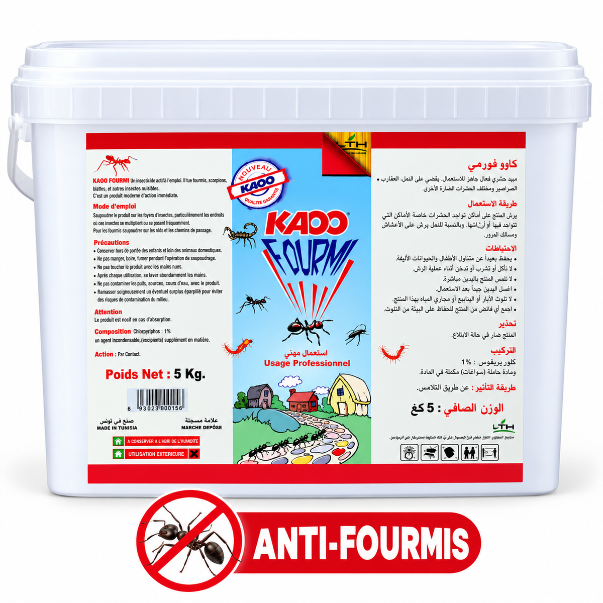 Seau blanc de KAO FOURMI LTH, insecticide en poudre de 5 kg, avec étiquette bleue et rouge et pictogramme anti-fourmis