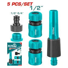 Kit 5 raccords d'arrosage TOTAL THHCS05122 – connecteur rapide 1/2" arrêt eau, adaptateur 3/4", buse torsadée 5", installation rapide sans outils
