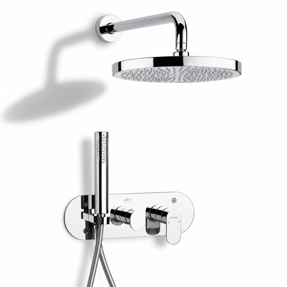 SOPAL Kit Mitigeur Douche Encastré Inverseur Série Sfax Réf. 06CEA04 — Douche de Tête avec Bras, Douchette à Main avec Flexible et Support, Air Power, Energy Saving, Water Saving, Cartouche Céramique Ø35mm, Chromé NF EN ISO 1456, Laiton, Garantie 5 Ans, Made in Tunisia | SQES Tunisie
