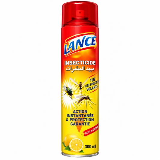 Aérosol insecticide LANCE LTH jaune et rouge de 300 ml, parfum citron, avec illustrations d’insectes volants