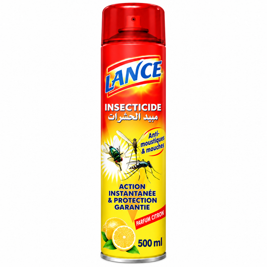 Aérosol insecticide LANCE LTH jaune et rouge de 500 ml, parfum citron, avec illustrations de moustiques et de mouche