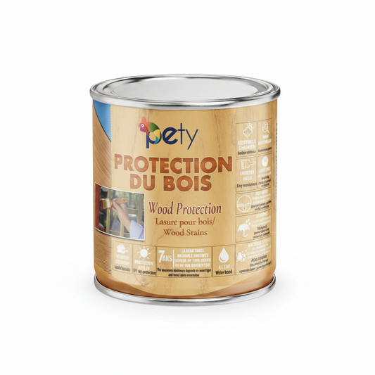 Lasure 3en1 Protection du Bois PETY – hydrofuge, anti-UV, protection 7 ans garantie, finition satinée, 8 coloris disponibles, formule écologique base eau

