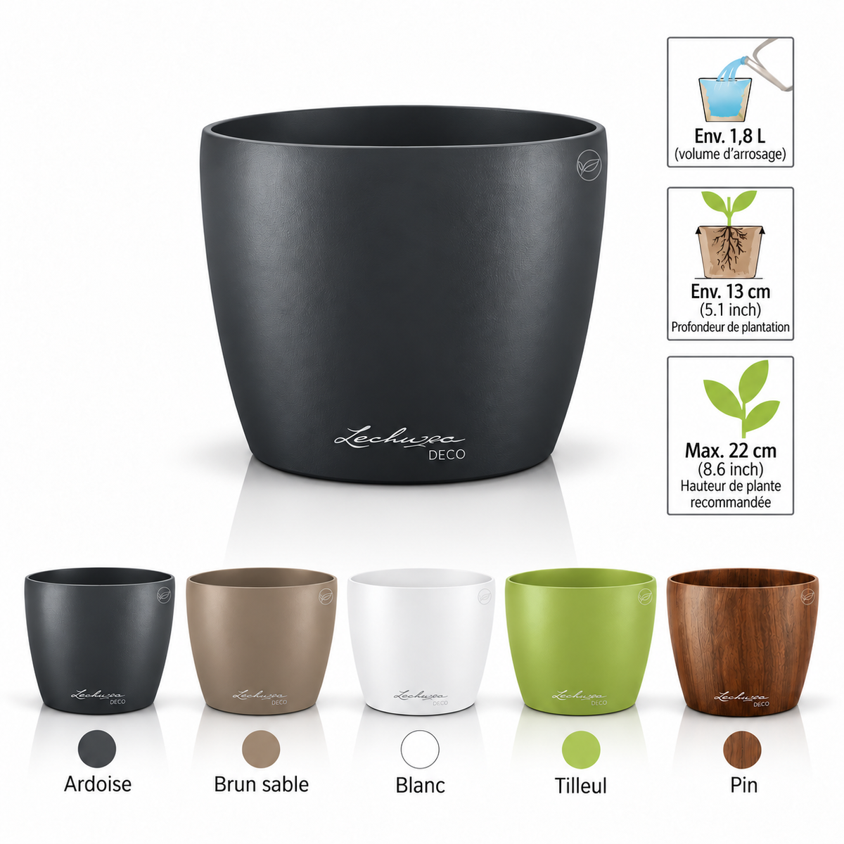 Cache-pot LECHUZA DECO 18 en plastique, format Ø19 × 17 cm, disponible en cinq couleurs.