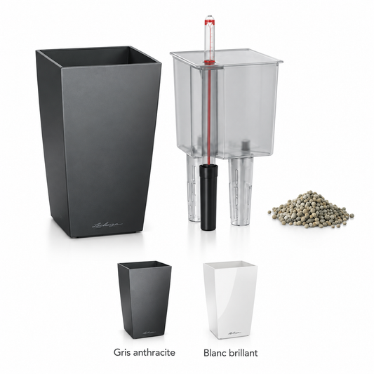 LECHUZA MINI-CUBI Premium Blanc brillant 18120 et Gris anthracite 18123, petit pot avec réservoir d’eau 0,5 L, volume de plantation 0,8 L, pour petites plantes sur table ou bureau | SQES Tunisie
