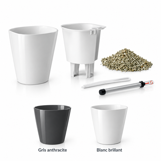LECHUZA MINI-DELTINI Premium Blanc brillant 14950 et Gris anthracite 14949, petit pot de table avec réservoir d’eau 0,2 L et volume de plantation 0,4 L, pour petites plantes et décoration de table | SQES Tunisie
