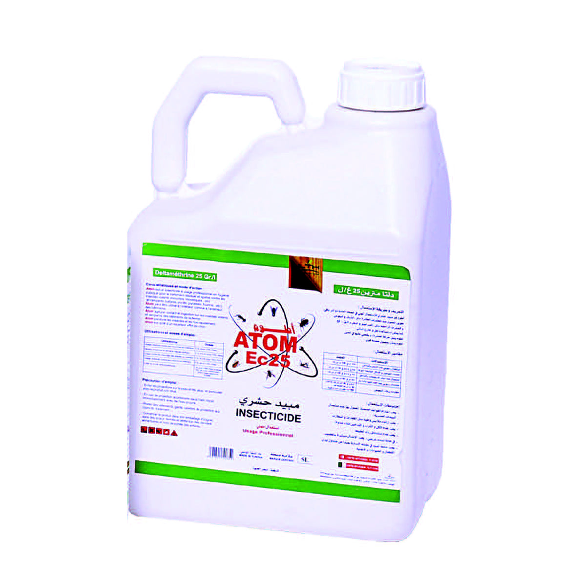 ATOM EC 25 LTH – insecticide concentré bidon 5 litres, emballage du catalogue sur fond blanc – SQES Tunisie