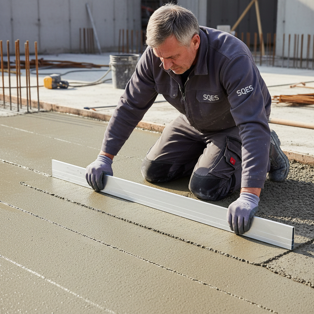 Maçon professionnel utilisant une règle de maçon aluminium 20/80 sur chantier