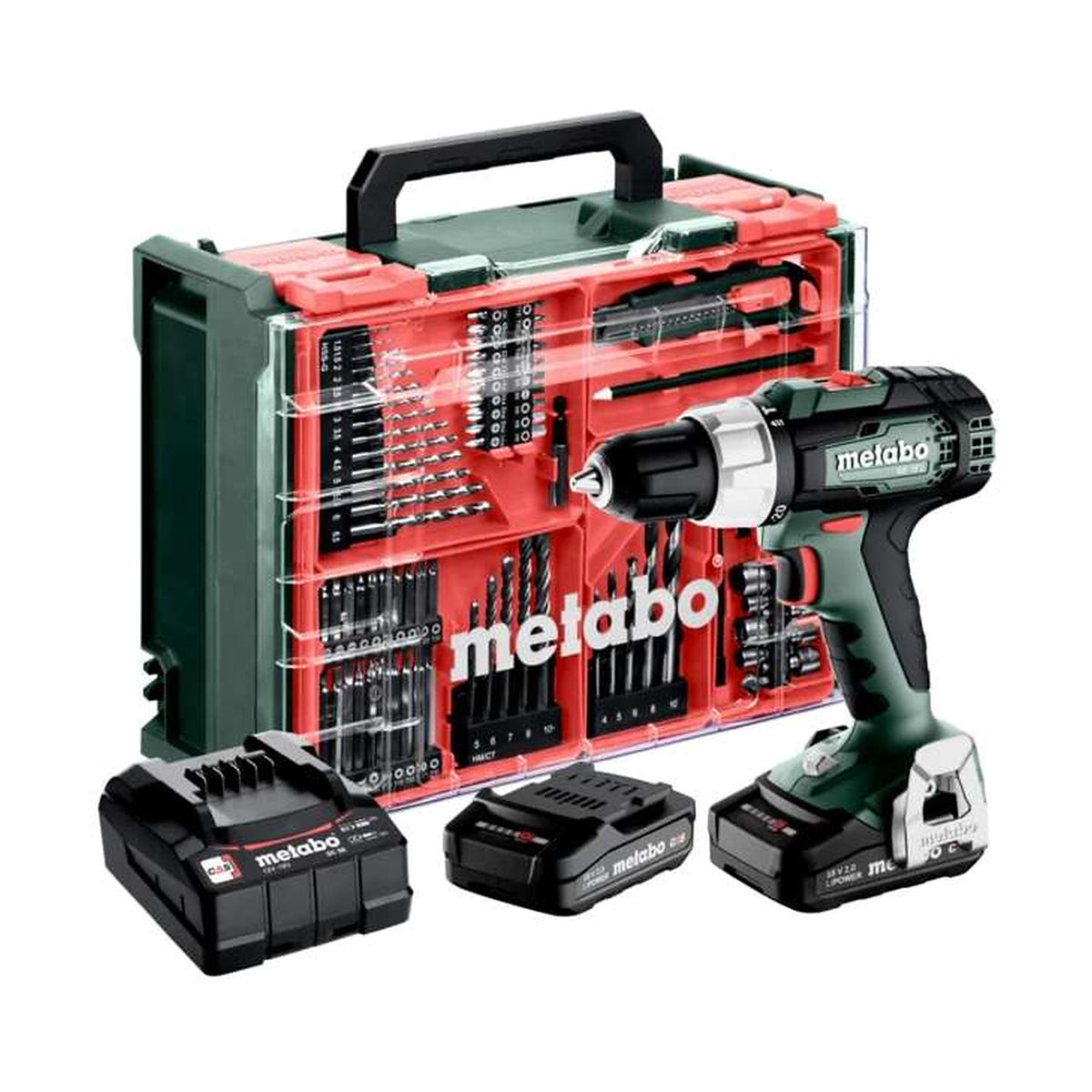 Perceuse à percussion sans fil METABO SB 18 L Set avec accessoires, référence 614053710 – photographie réelle du produit et accessoires, fond blanc 1254 × 1254 px, SQES Tunisie
