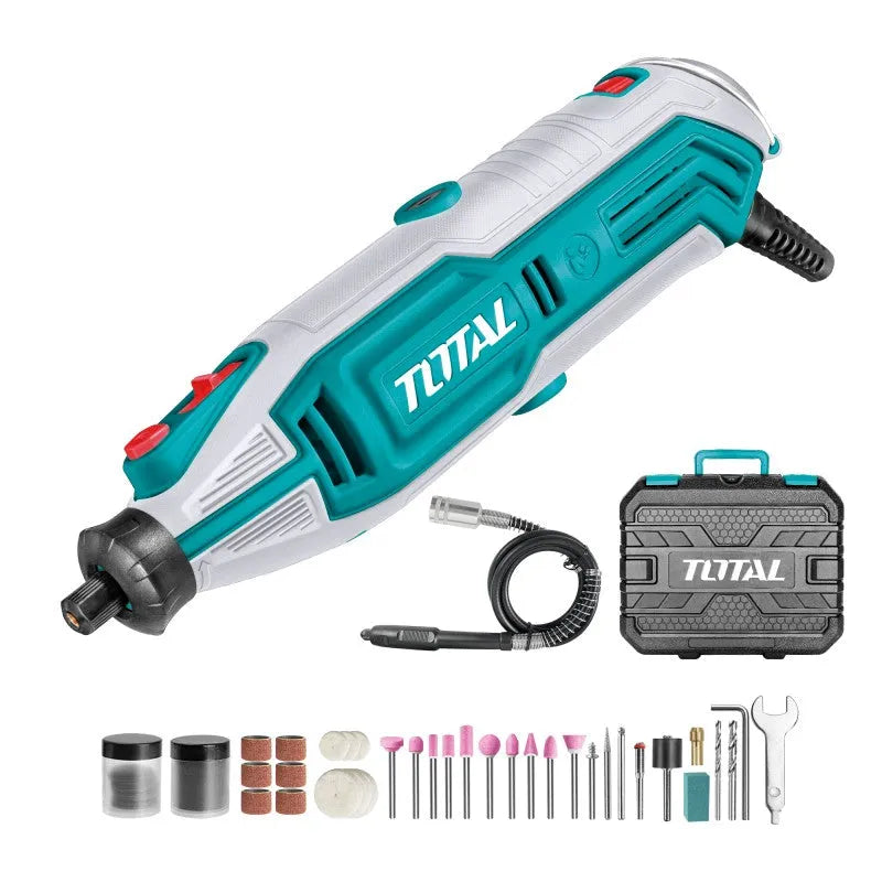 Meuleuse droite électrique TOTAL 130W – 109 accessoires, vitesse variable 10000-35000tr/min, têtes 3,2mm/2,3mm, tuyau flexible, étui transport
