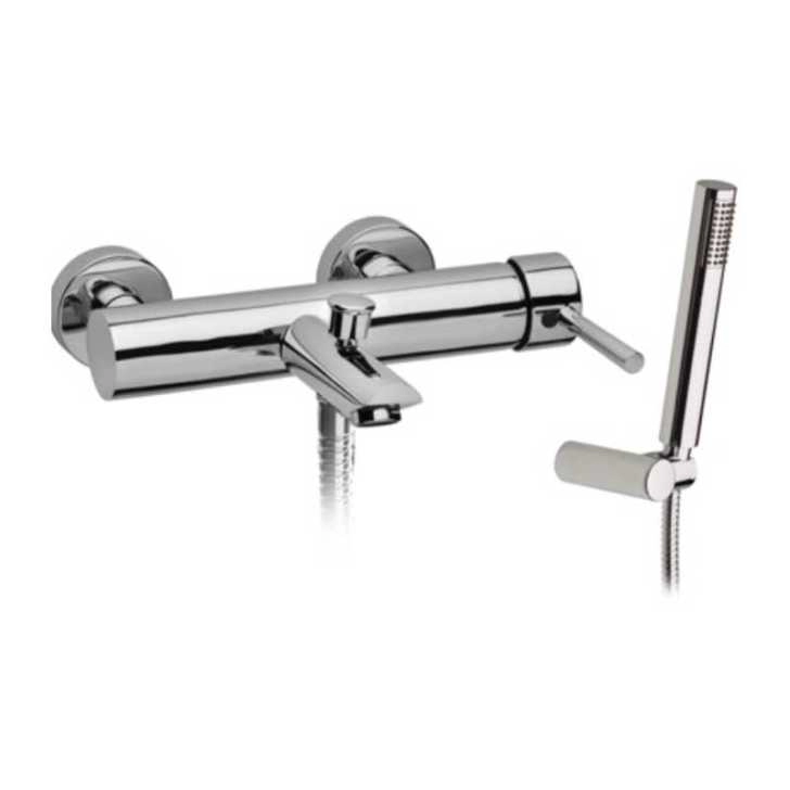 Mitigeur bain douche chrome FRAMO E410 kit complet – flexible + douchette ergonomique + support mural inclus, design cylindrique, fabrication italienne premium
