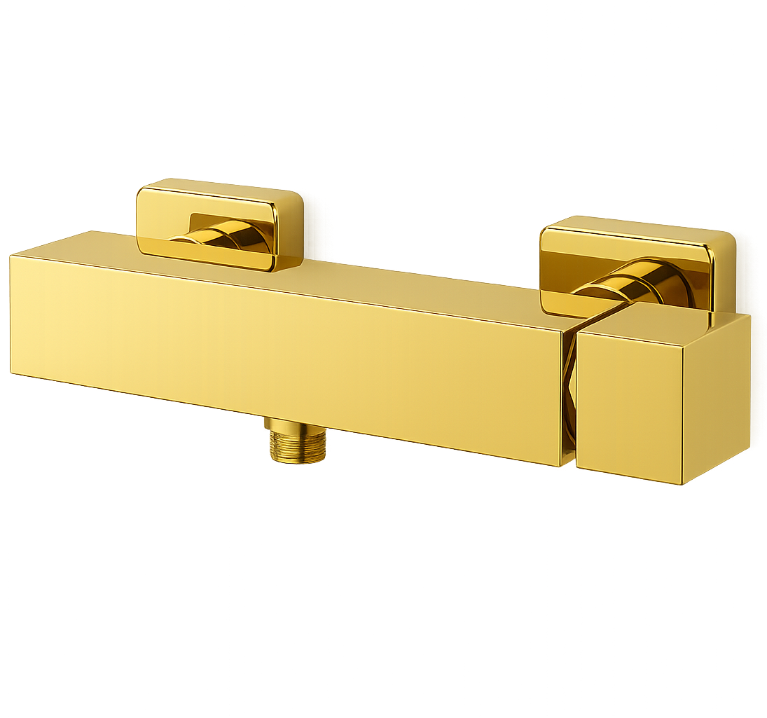 Mitigeur douche or gold mural FRAMO E200 – finition prestige dorée, design minimaliste, cartouche céramique, fabrication italienne premium

