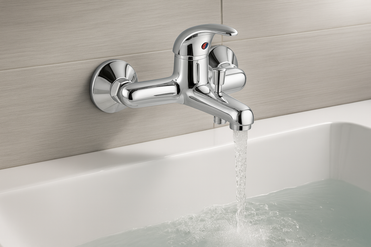 Mitigeur en fonctionnement avec eau coulant dans baignoire
