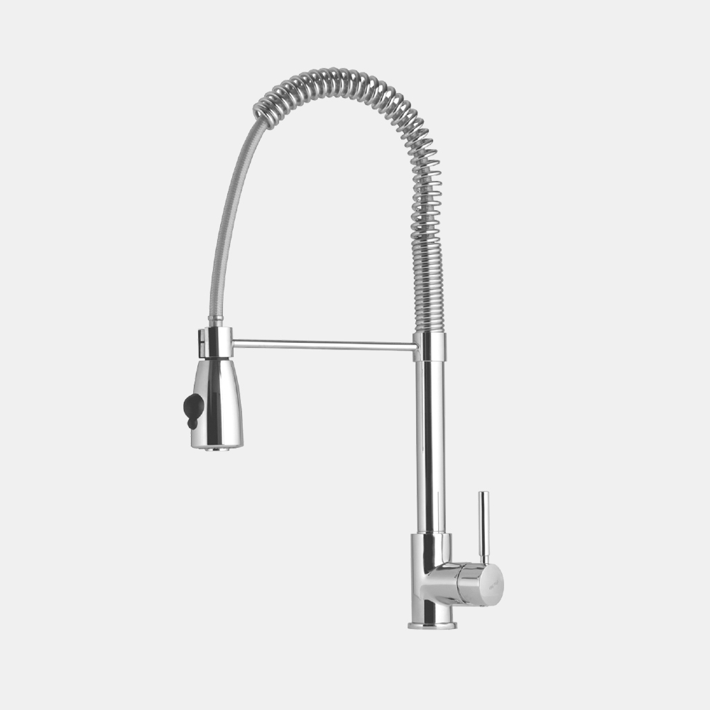 Mitigeur évier professionnel chrome FRAMO – douchette extractible à ressort retour automatique, bec 560mm rotation 360°, cartouche céramique, usage intensif
