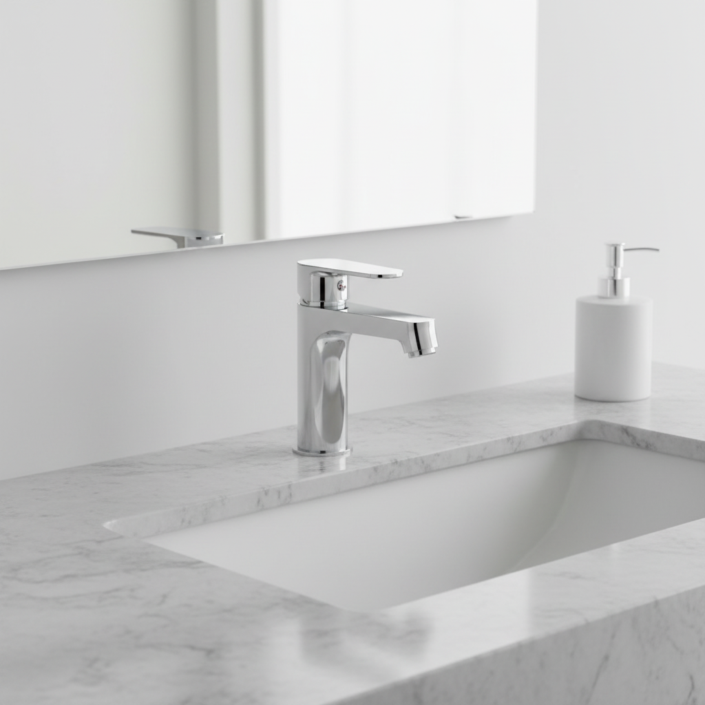 Mitigeur lavabo dans salle de bain minimaliste