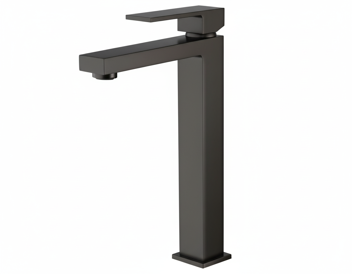 Mitigeur lavabo long noir mat FRAMO E200 – bec haut idéal vasques hautes et lavabos sur plan, laiton revêtu anti-traces, cartouche céramique, fabrication italienne premium
