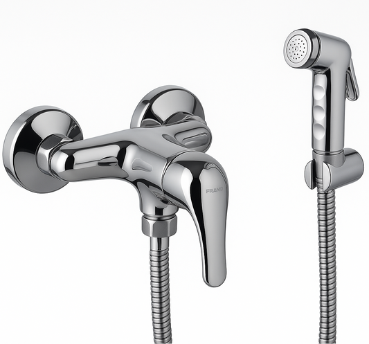 Mitigeur toilette + shattaf chrome FRAMO réf 102 – mural, cartouche céramique, écologique, fabrication italienne premium
