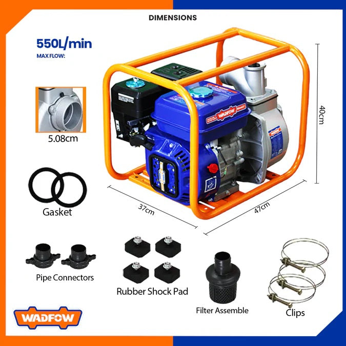 Motopompe à essence WADFOW WGW1A21, moteur 7 CV de 208 cm³, raccords 2 pouces (50 mm), débit maximal 550 L/min et HMT maximale 30 m, pour irrigation et transfert d’eau | SQES Tunisie
