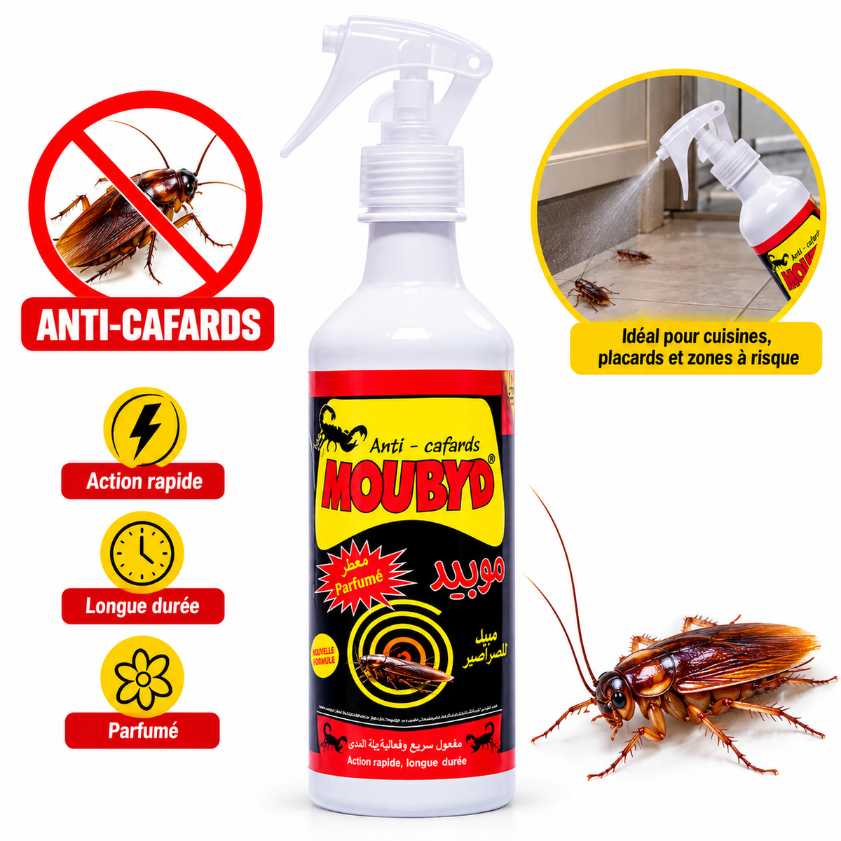 Flacon pulvérisateur MOUBYD LTH anti-cafards de 500 ml avec illustration de son application