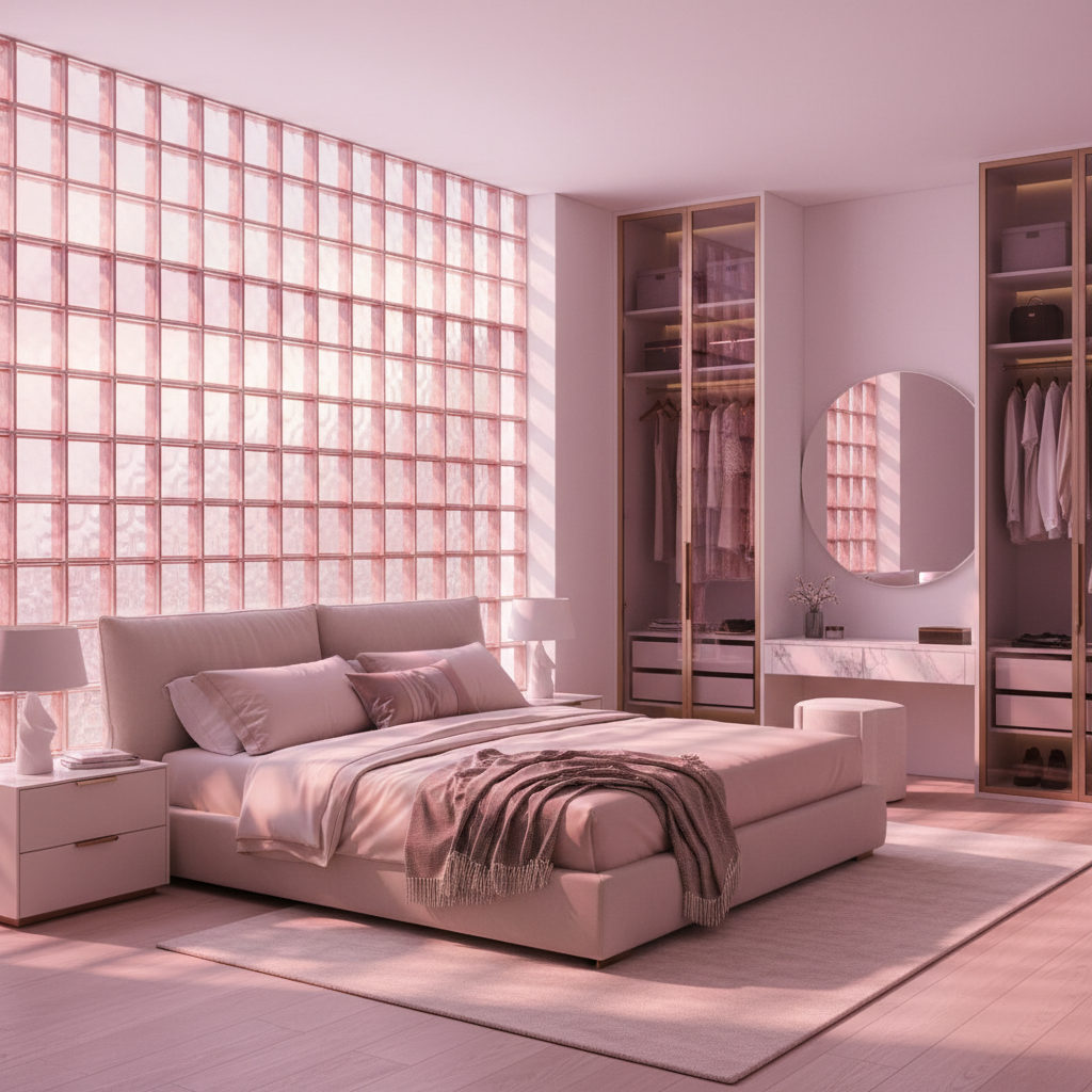 Mur briques de verre rose chambre
