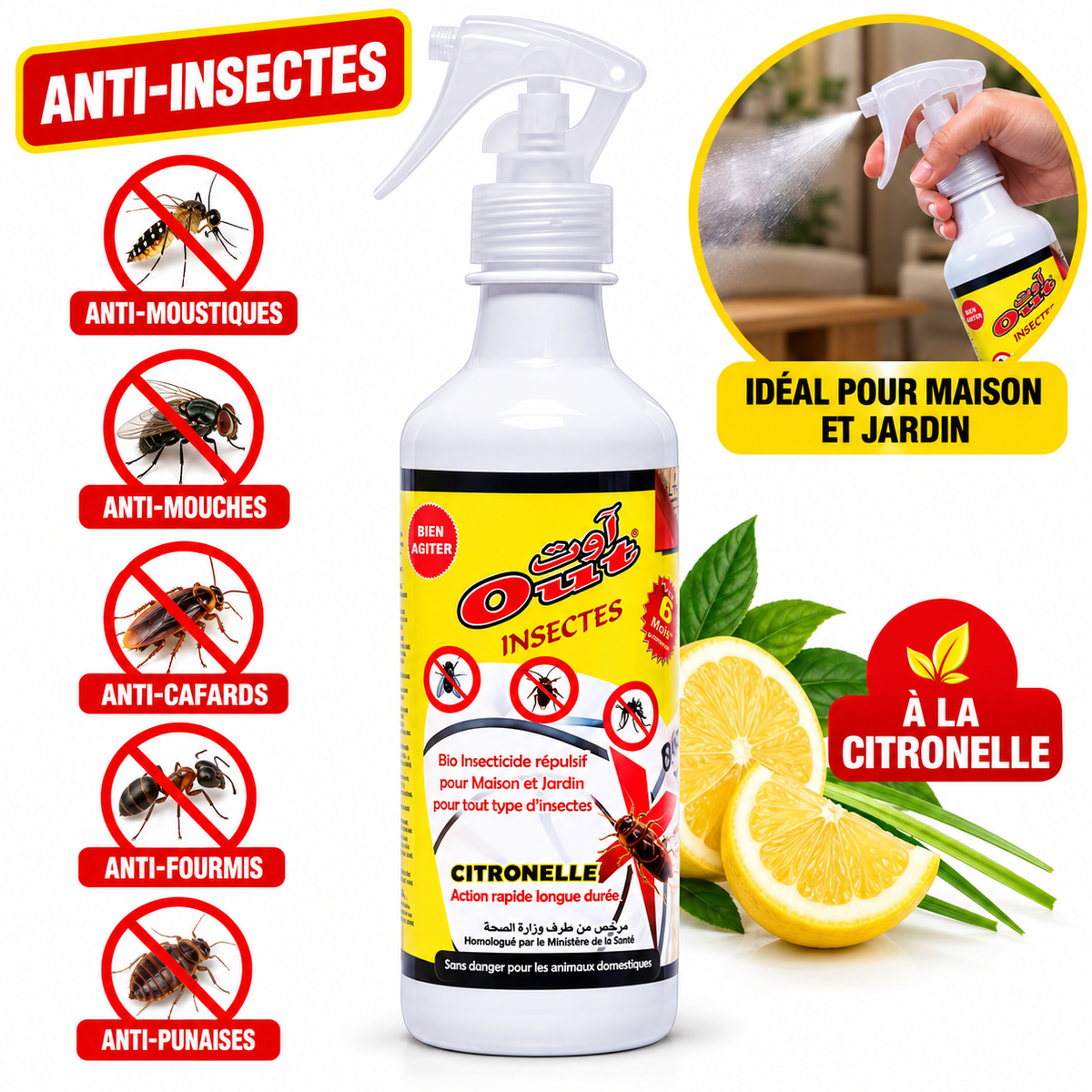 Flacon pulvérisateur OUT LTH à la citronnelle de 500 ml avec pictogrammes des insectes ciblés