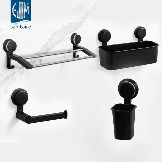 Pack 4 accessoires salle de bain à ventouse ABS EJIM sans perçage – porte-serviette, porte-papier, porte-verre et panier
