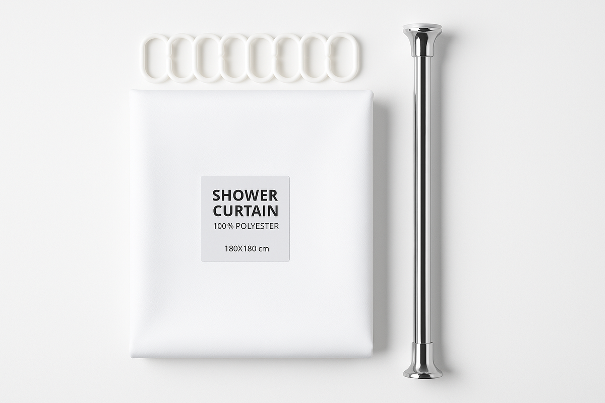 Pack Rideau de Douche 100% Polyester - 180x180cm Blanc + Tube Extensible Sans Perçage